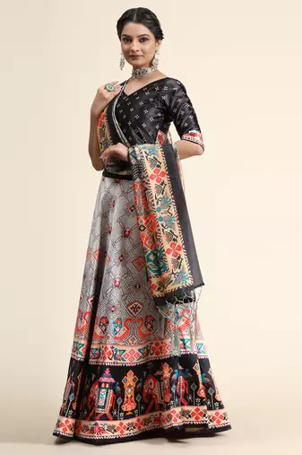 Black Satin Silk Floral Printed Lehenga Set