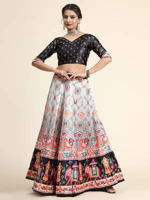 Black Satin Silk Floral Printed Lehenga Set 4