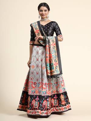 Black Satin Silk Floral Printed Lehenga Set 5