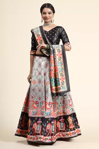 Black Satin Silk Floral Printed Lehenga Set