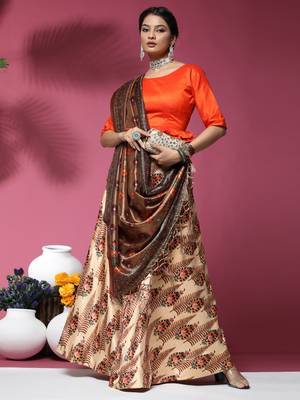 Orange Digital Floral Print Satin Silk Fabric Semistitched Lehenga Choli With Jequared Unstitched Blouse with Dupatta 1