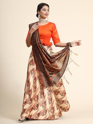 Orange Digital Floral Print Satin Silk Fabric Semistitched Lehenga Choli With Jequared Unstitched Blouse with Dupatta 2