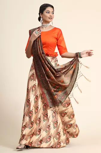 Orange Digital Floral Print Satin Silk Fabric Semistitched Lehenga Choli With Jequared Unstitched Blouse with Dupatta