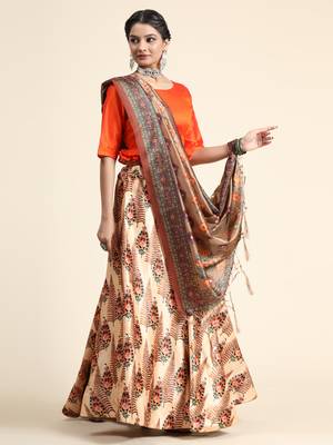 Orange Digital Floral Print Satin Silk Fabric Semistitched Lehenga Choli With Jequared Unstitched Blouse with Dupatta 3