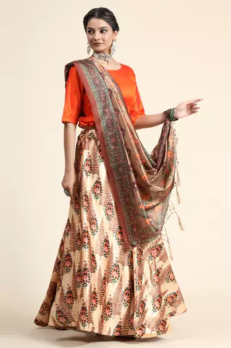 Orange Digital Floral Print Satin Silk Fabric Semistitched Lehenga Choli With Jequared Unstitched Blouse with Dupatta