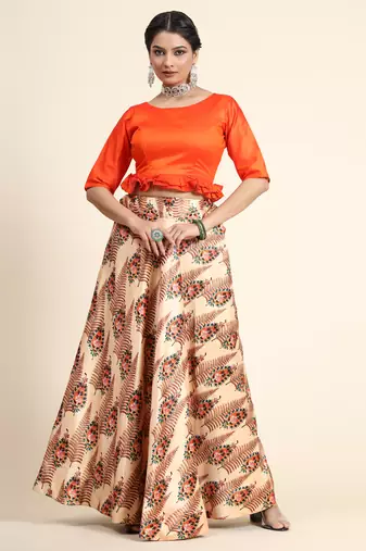 Orange Digital Floral Print Satin Silk Fabric Semistitched Lehenga Choli With Jequared Unstitched Blouse with Dupatta