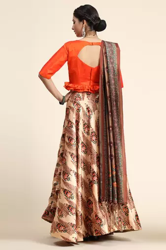 Orange Digital Floral Print Satin Silk Fabric Semistitched Lehenga Choli With Jequared Unstitched Blouse with Dupatta