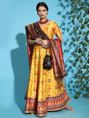 Yellow Digital Floral Print Satin Silk Fabric Semistitched Lehenga Choli With Jequared Unstitched Blouse with Dupatta 1