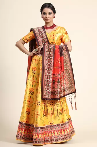 Yellow Digital Floral Print Satin Silk Fabric Semistitched Lehenga Choli With Jequared Unstitched Blouse with Dupatta