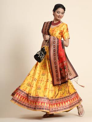 Yellow Digital Floral Print Satin Silk Fabric Semistitched Lehenga Choli With Jequared Unstitched Blouse with Dupatta 3