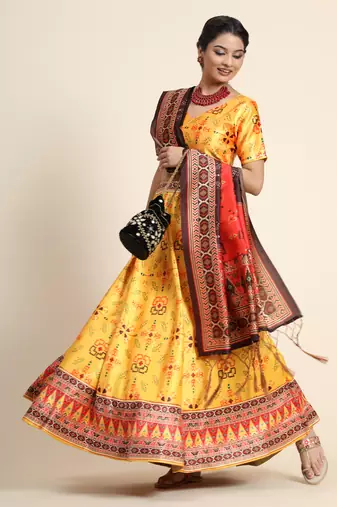 Yellow Digital Floral Print Satin Silk Fabric Semistitched Lehenga Choli With Jequared Unstitched Blouse with Dupatta