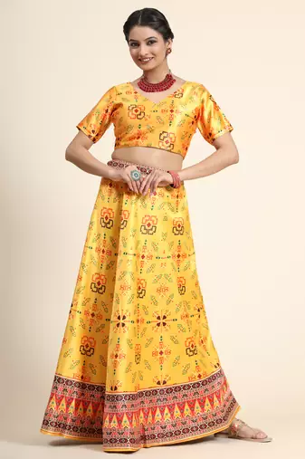 Yellow Digital Floral Print Satin Silk Fabric Semistitched Lehenga Choli With Jequared Unstitched Blouse with Dupatta