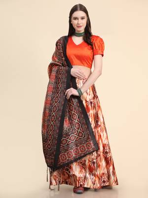 Orange Digital Floral Print Satin Silk Fabric Semistitched Lehenga Choli With Jequared Unstitched Blouse with Dupatta 1