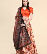 Orange Digital Floral Print Satin Silk Fabric Semistitched Lehenga Choli With Jequared Unstitched Blouse with Dupatta