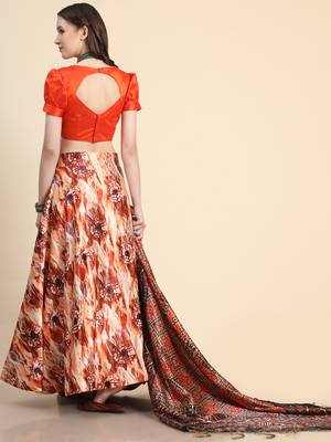 Orange Digital Floral Print Satin Silk Fabric Semistitched Lehenga Choli With Jequared Unstitched Blouse with Dupatta 2