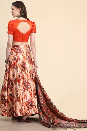 Orange Digital Floral Print Satin Silk Fabric Semistitched Lehenga Choli With Jequared Unstitched Blouse with Dupatta