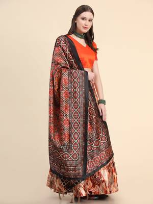 Orange Digital Floral Print Satin Silk Fabric Semistitched Lehenga Choli With Jequared Unstitched Blouse with Dupatta 3
