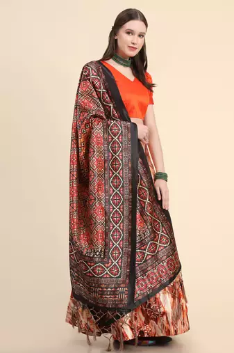 Orange Digital Floral Print Satin Silk Fabric Semistitched Lehenga Choli With Jequared Unstitched Blouse with Dupatta