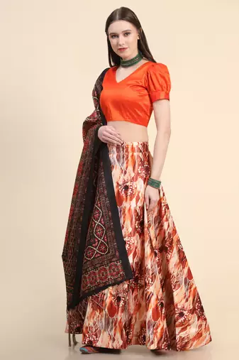 Orange Digital Floral Print Satin Silk Fabric Semistitched Lehenga Choli With Jequared Unstitched Blouse with Dupatta