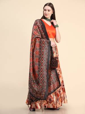 Orange Digital Floral Print Satin Silk Fabric Semistitched Lehenga Choli With Jequared Unstitched Blouse with Dupatta 5