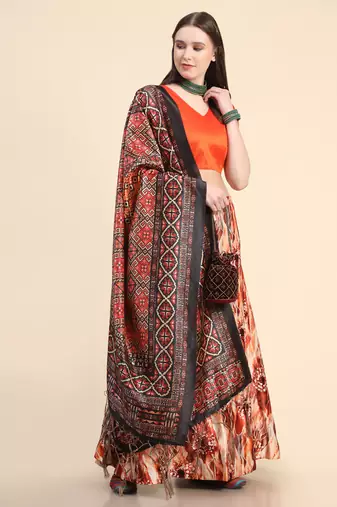 Orange Digital Floral Print Satin Silk Fabric Semistitched Lehenga Choli With Jequared Unstitched Blouse with Dupatta