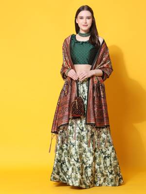 Green Digital Floral Print Satin Silk Fabric Semistitched Lehenga Choli With Jequared Unstitched Blouse with Dupatta 1
