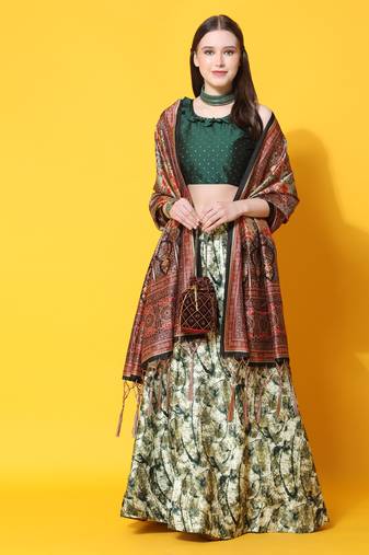 Green Digital Floral Print Satin Silk Fabric Semistitched Lehenga Choli With Jequared Unstitched Blouse with Dupatta