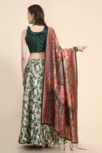 Green Digital Floral Print Satin Silk Fabric Semistitched Lehenga Choli With Jequared Unstitched Blouse with Dupatta