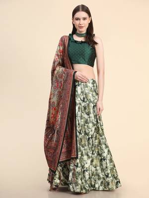 Green Digital Floral Print Satin Silk Fabric Semistitched Lehenga Choli With Jequared Unstitched Blouse with Dupatta 3