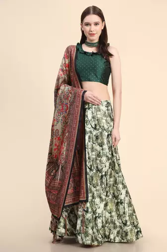 Green Digital Floral Print Satin Silk Fabric Semistitched Lehenga Choli With Jequared Unstitched Blouse with Dupatta