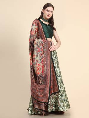 Green Digital Floral Print Satin Silk Fabric Semistitched Lehenga Choli With Jequared Unstitched Blouse with Dupatta 4