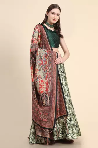 Green Digital Floral Print Satin Silk Fabric Semistitched Lehenga Choli With Jequared Unstitched Blouse with Dupatta