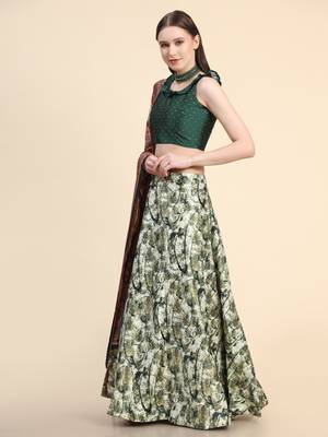 Green Digital Floral Print Satin Silk Fabric Semistitched Lehenga Choli With Jequared Unstitched Blouse with Dupatta 5
