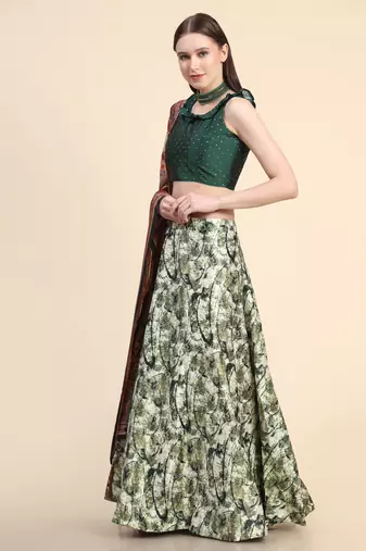 Green Digital Floral Print Satin Silk Fabric Semistitched Lehenga Choli With Jequared Unstitched Blouse with Dupatta