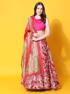 Pink Digital Floral Print Satin Silk Fabric Semistitched Lehenga Choli With Jequared Unstitched Blouse with Dupatta 1