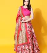 Pink Digital Floral Print Satin Silk Fabric Semistitched Lehenga Choli With Jequared Unstitched Blouse with Dupatta