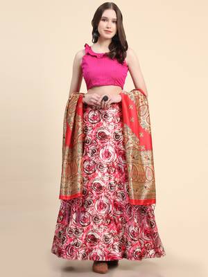 Pink Digital Floral Print Satin Silk Fabric Semistitched Lehenga Choli With Jequared Unstitched Blouse with Dupatta 3