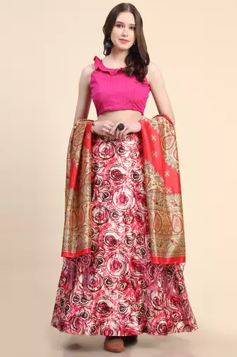 Pink Digital Floral Print Satin Silk Fabric Semistitched Lehenga Choli With Jequared Unstitched Blouse with Dupatta