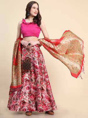 Pink Digital Floral Print Satin Silk Fabric Semistitched Lehenga Choli With Jequared Unstitched Blouse with Dupatta 4
