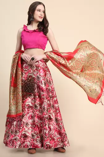 Pink Digital Floral Print Satin Silk Fabric Semistitched Lehenga Choli With Jequared Unstitched Blouse with Dupatta