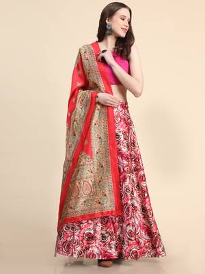 Pink Digital Floral Print Satin Silk Fabric Semistitched Lehenga Choli With Jequared Unstitched Blouse with Dupatta 5