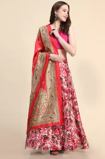 Pink Digital Floral Print Satin Silk Fabric Semistitched Lehenga Choli With Jequared Unstitched Blouse with Dupatta