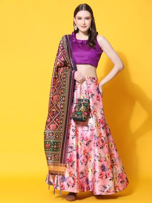 Violet Digital Floral Print Satin Silk Fabric Semistitched Lehenga Choli With Jequared Unstitched Blouse with Dupatta 1