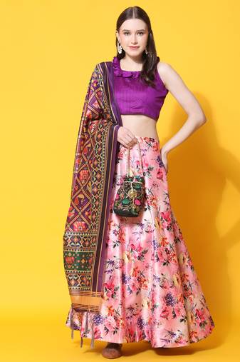 Violet Digital Floral Print Satin Silk Fabric Semistitched Lehenga Choli With Jequared Unstitched Blouse with Dupatta