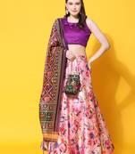 Violet Digital Floral Print Satin Silk Fabric Semistitched Lehenga Choli With Jequared Unstitched Blouse with Dupatta