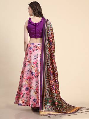 Violet Digital Floral Print Satin Silk Fabric Semistitched Lehenga Choli With Jequared Unstitched Blouse with Dupatta 2