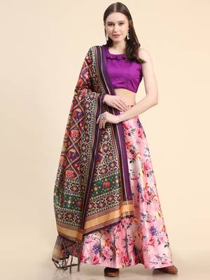 Violet Digital Floral Print Satin Silk Fabric Semistitched Lehenga Choli With Jequared Unstitched Blouse with Dupatta 3