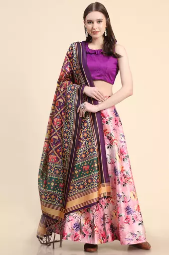 Violet Digital Floral Print Satin Silk Fabric Semistitched Lehenga Choli With Jequared Unstitched Blouse with Dupatta