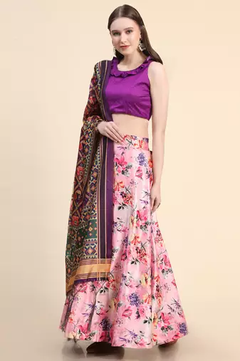Violet Digital Floral Print Satin Silk Fabric Semistitched Lehenga Choli With Jequared Unstitched Blouse with Dupatta