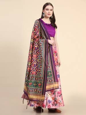 Violet Digital Floral Print Satin Silk Fabric Semistitched Lehenga Choli With Jequared Unstitched Blouse with Dupatta 5